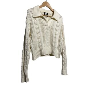 ANR+ Cream Cable Knit Collared Cropped Sweater Women's Size M Retail: $325 EUC